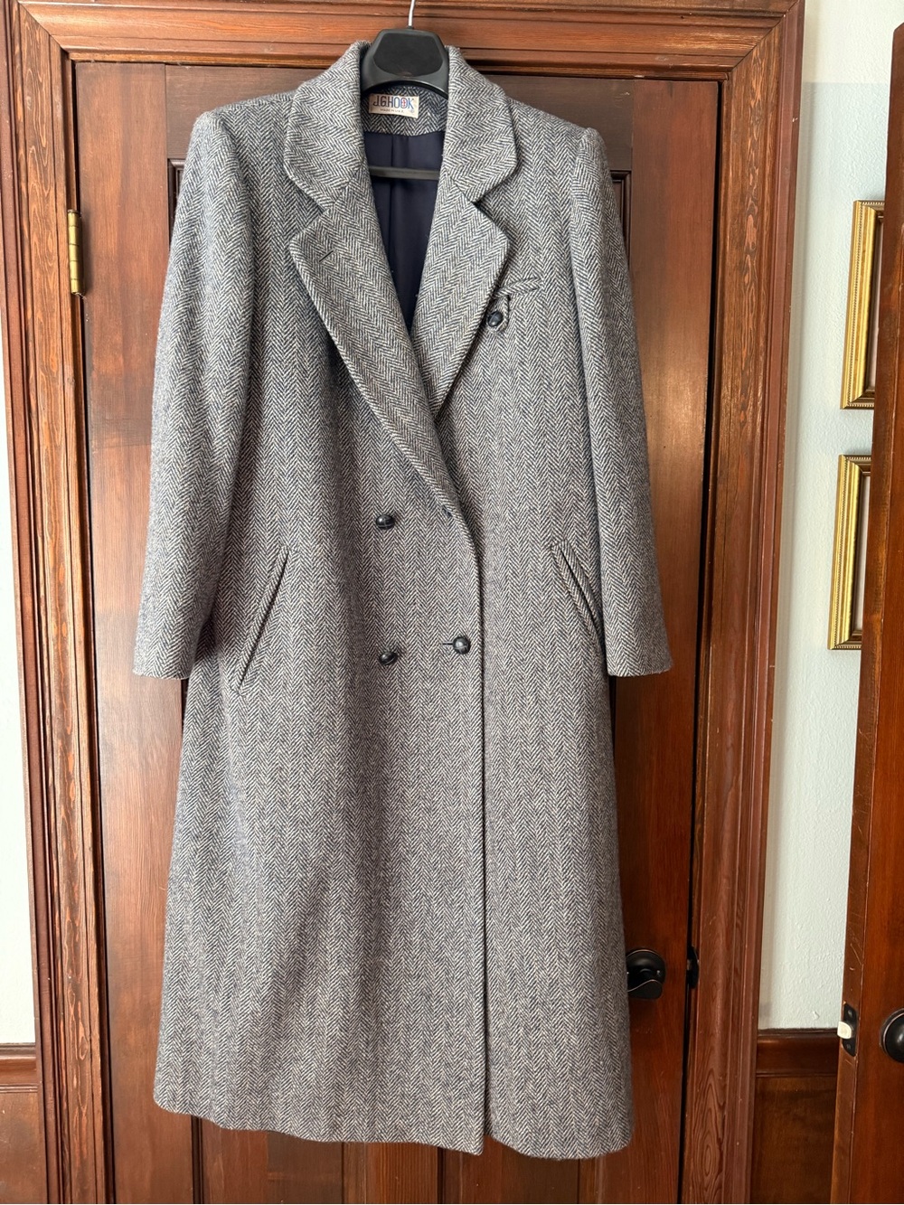 Vintage JG Hook Gray Herringbone Double-Breasted Wool Trench Coat
